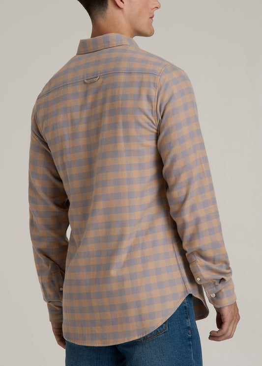 Midweight Brushed Flannel Button Shirt for Tall Men in Taupe and Grey Check