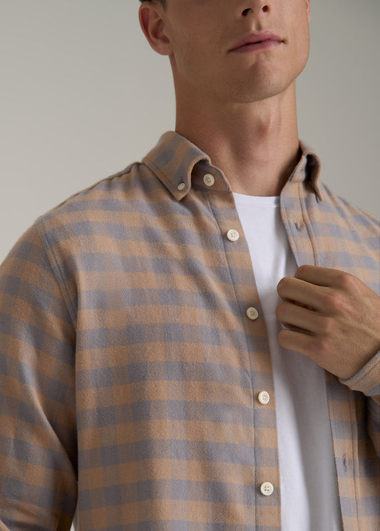 Midweight Brushed Flannel Button Shirt for Tall Men in Taupe and Grey Check