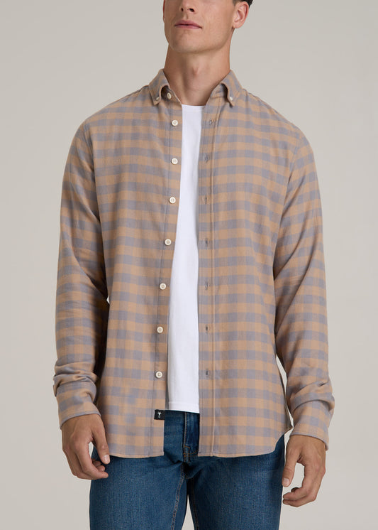 Midweight Brushed Flannel Button Shirt for Tall Men in Taupe and Grey Check