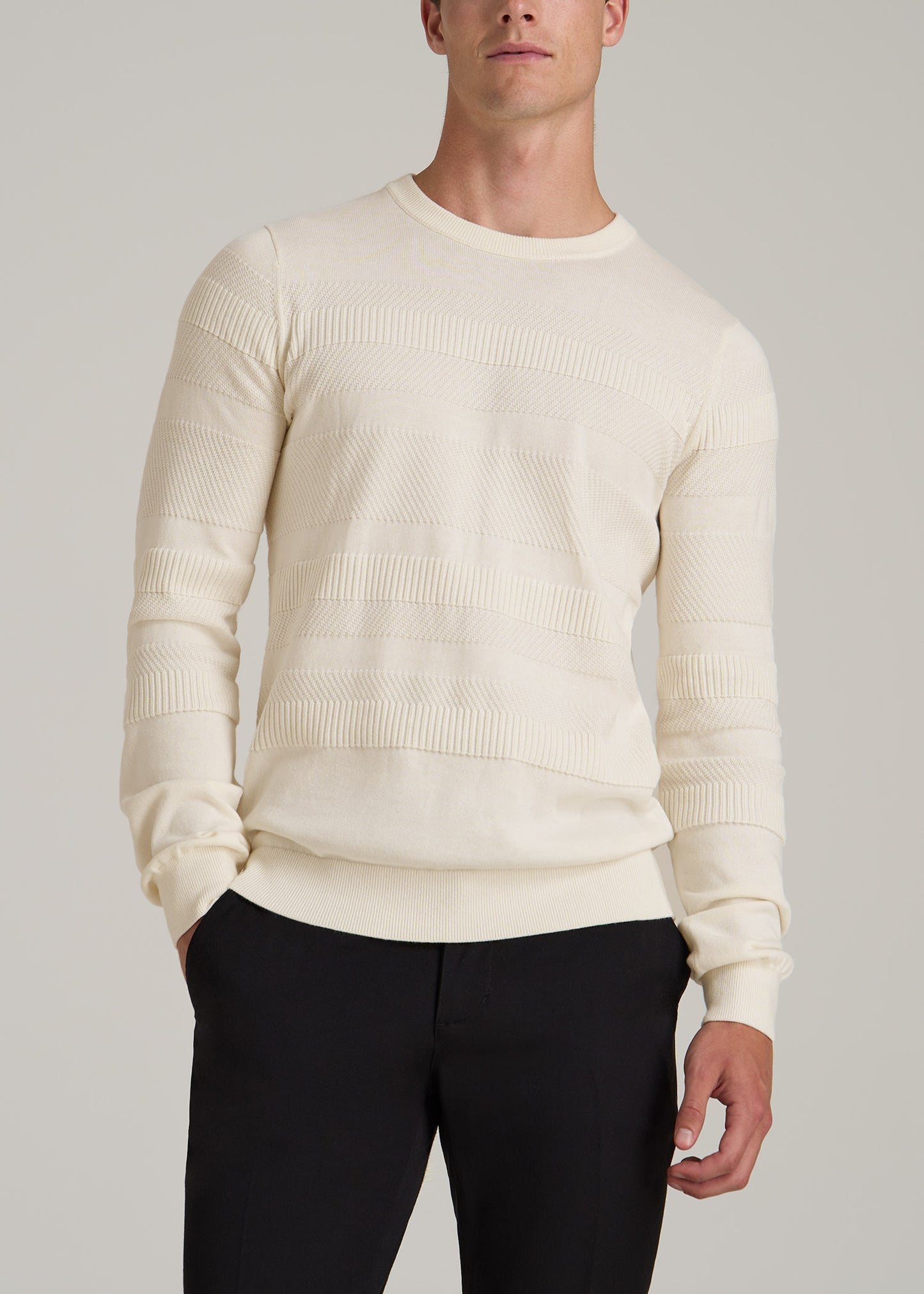 Minimalist Embossed Knit Sweater for Tall Men in Ivory White