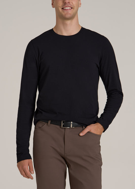 MODERN-FIT Stretch Cotton Long Sleeve Tall Men's Tee in Black