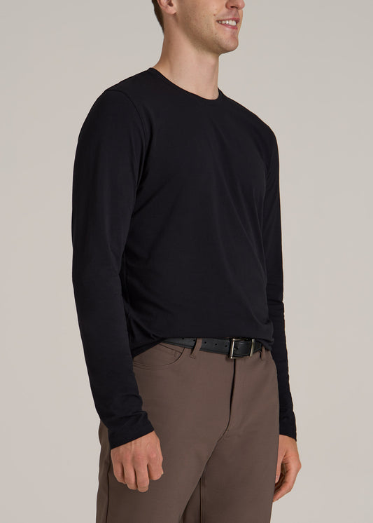 MODERN-FIT Stretch Cotton Long Sleeve Tall Men's Tee in Black