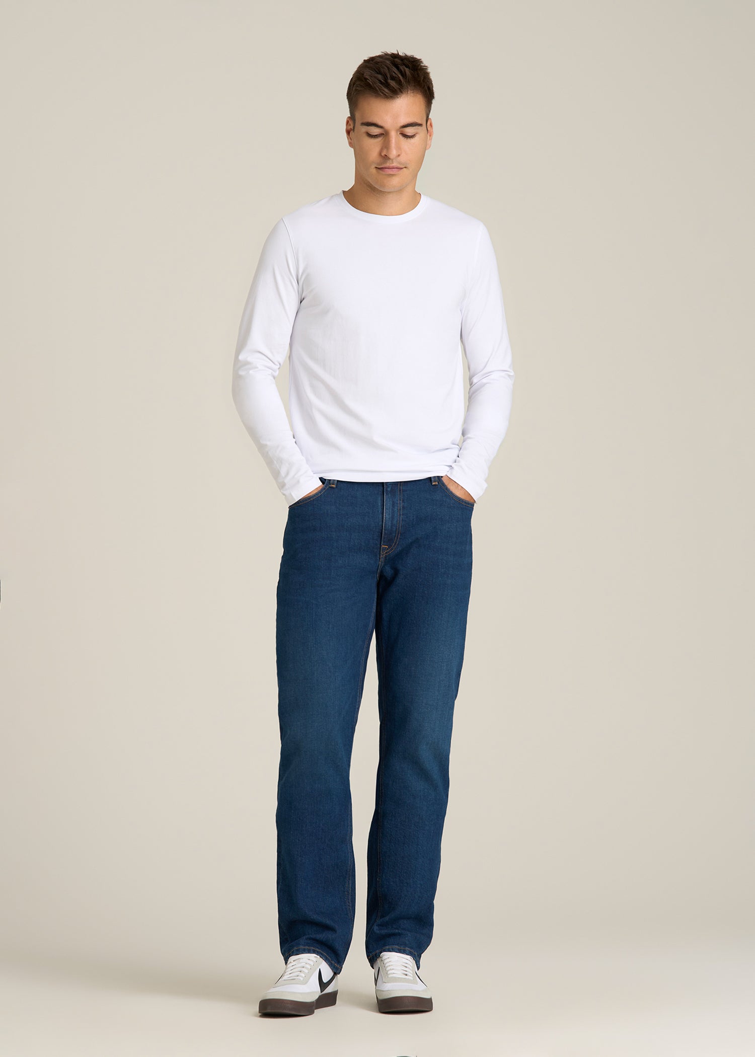 The Essential Modern Fit Crewneck Long Sleeve Tee for Tall Men in White