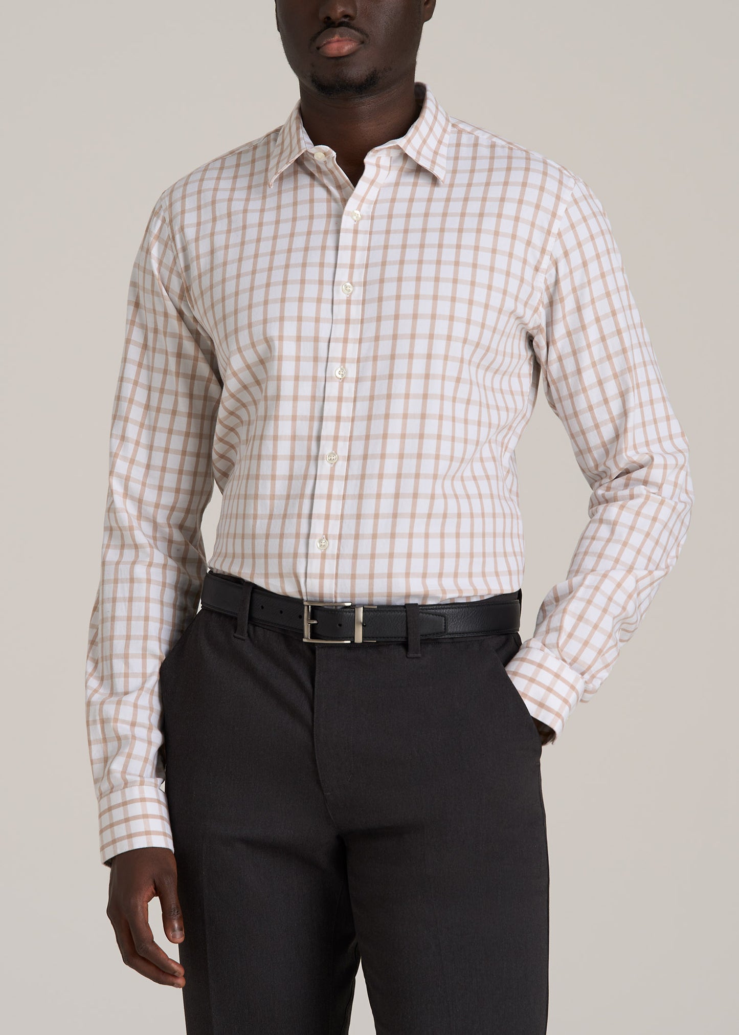 Oskar Button-Up Dress Shirt for Tall Men in Beige Grid