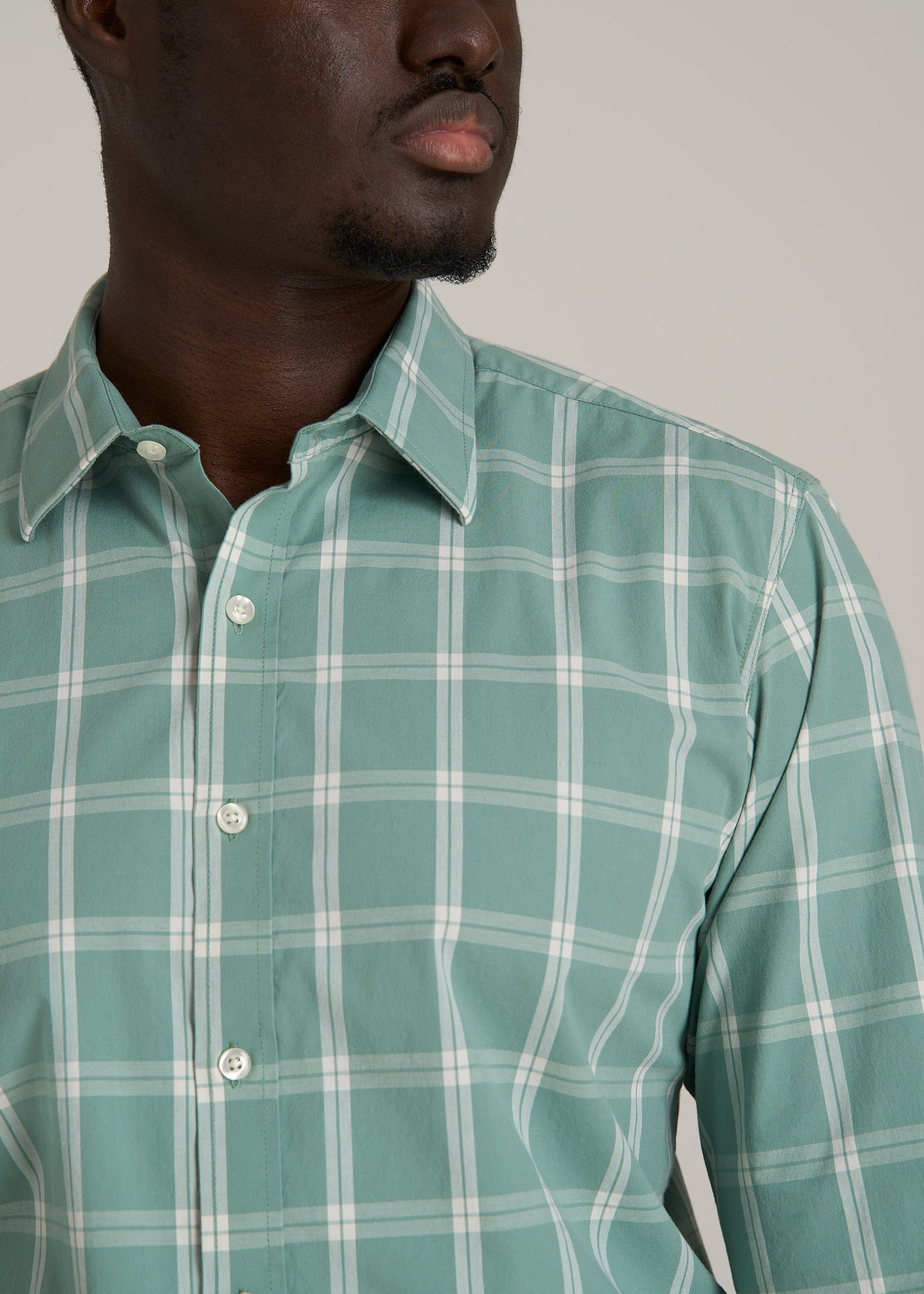 Oskar Button-Up Dress Shirt for Tall Men in Green and White Grid