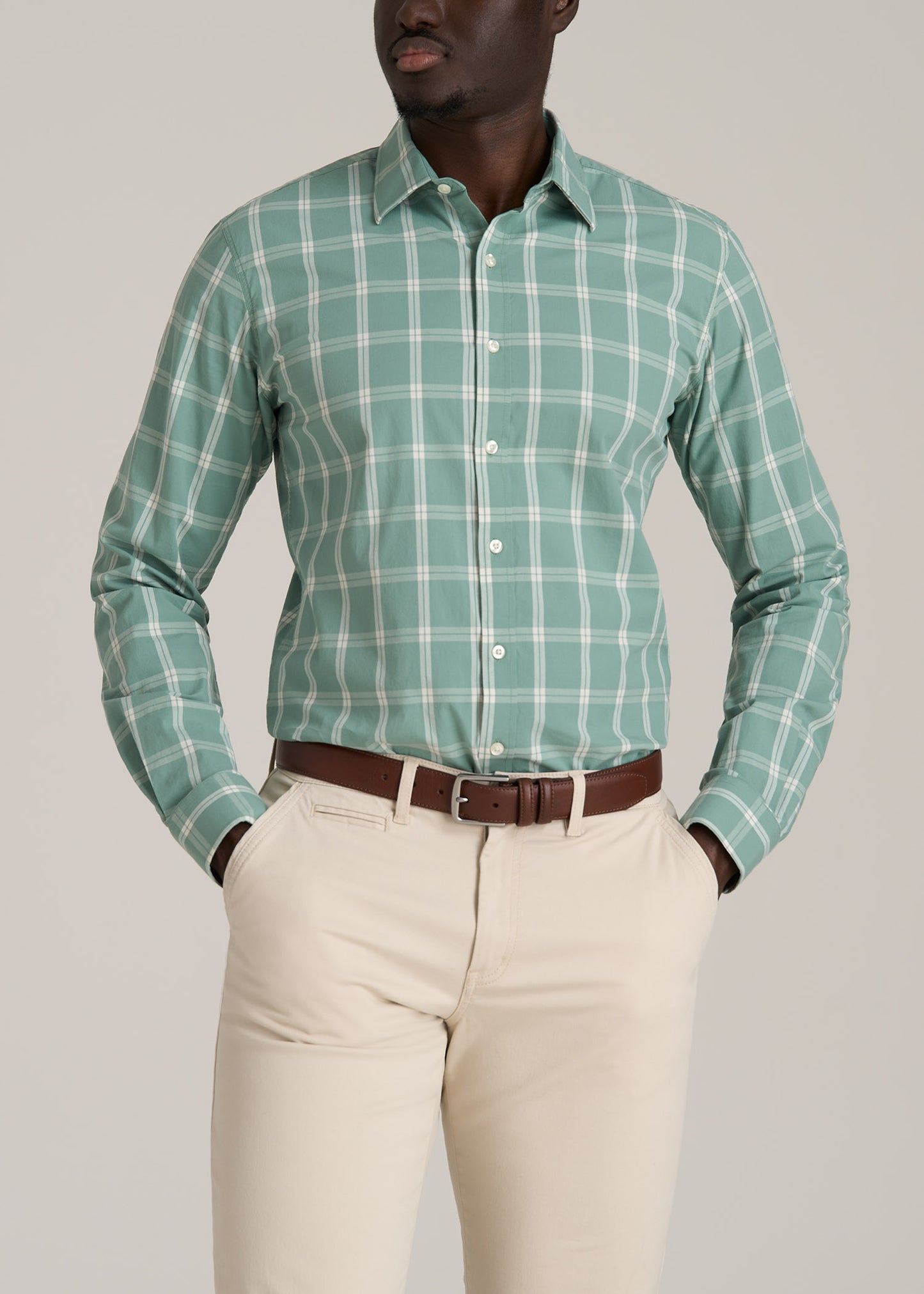 Oskar Button-Up Dress Shirt for Tall Men in Green and White Grid