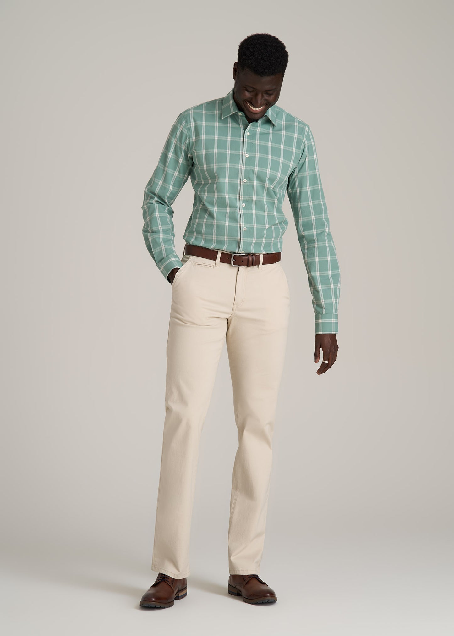 Oskar Button-Up Dress Shirt for Tall Men in Green and White Grid