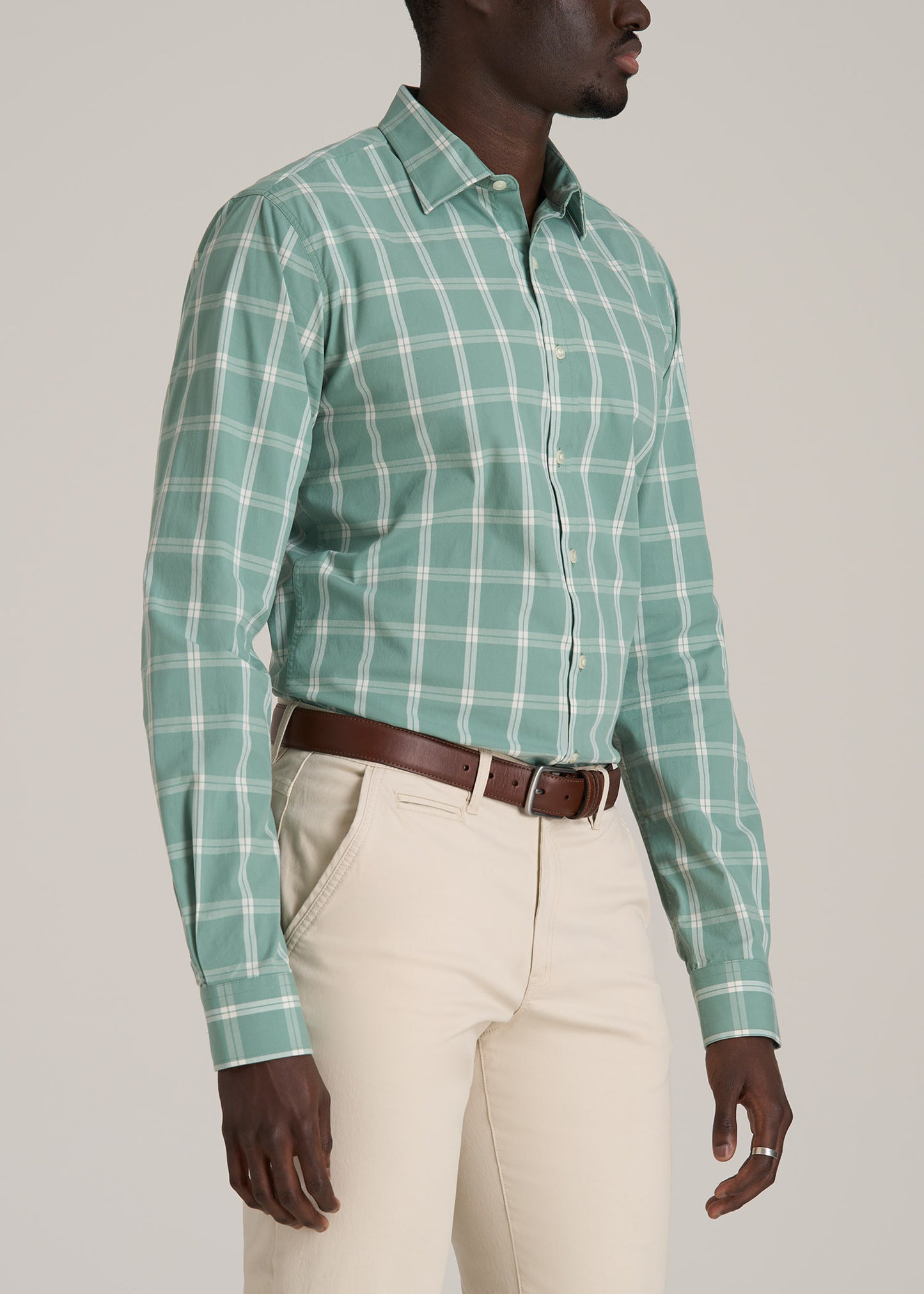 Oskar Button-Up Dress Shirt for Tall Men in Green and White Grid