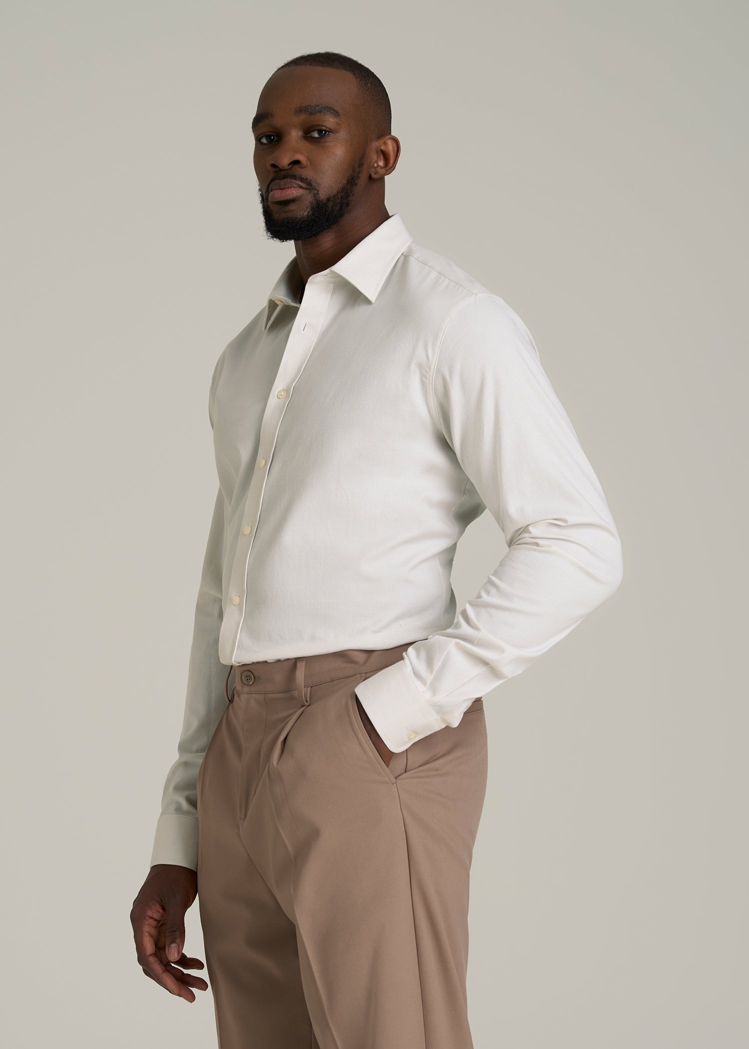 Oskar Button-Up Dress Shirt for Tall Men in Beige Mini Gingham