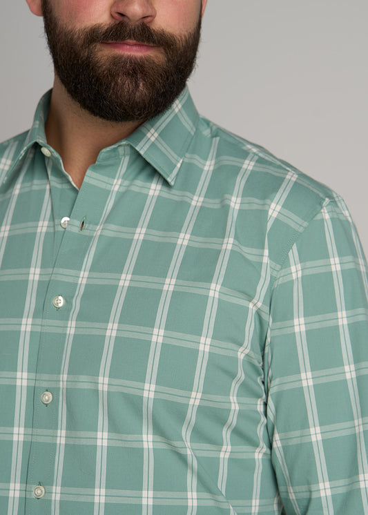 Oskar Button-Up Shirt for Tall Men in Green and White Grid