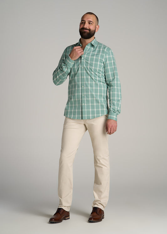 Oskar Button-Up Shirt for Tall Men in Green and White Grid