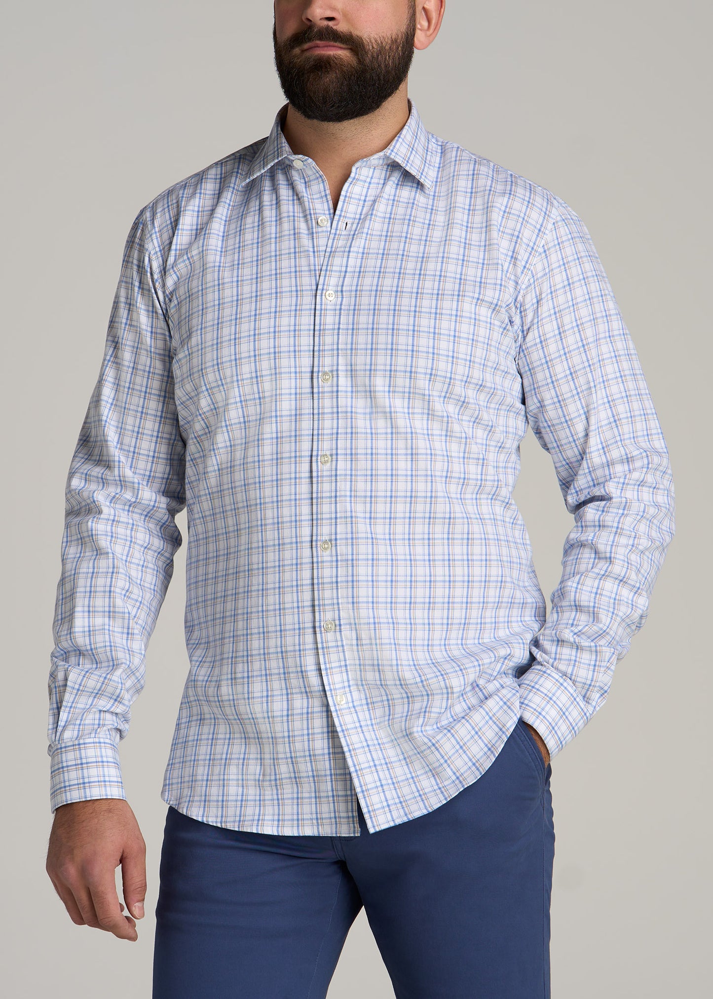 Oskar Button-Up Shirt for Tall Men in Soft Blue and Beige Plaid
