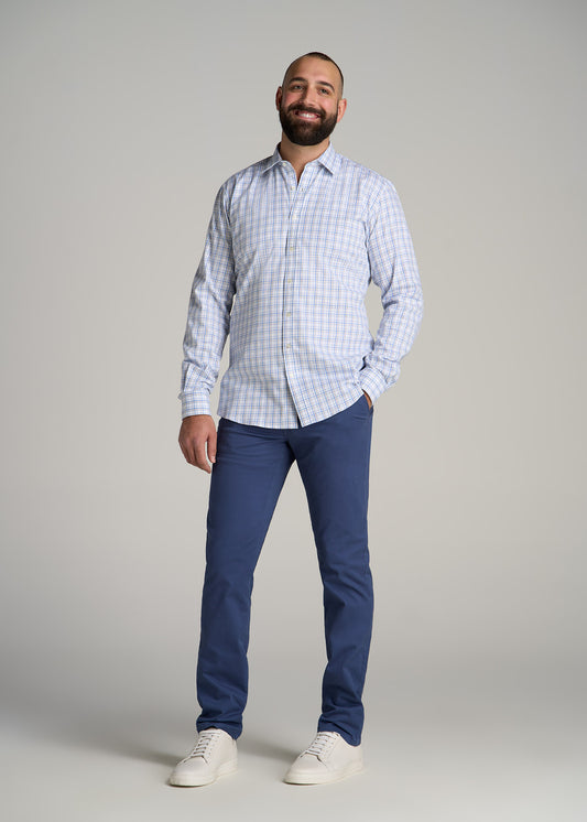 Oskar Button-Up Shirt for Tall Men in Soft Blue and Beige Plaid