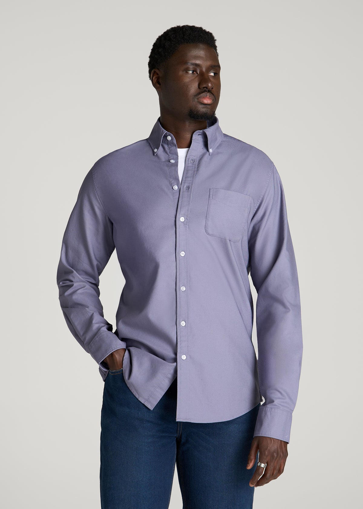 Oxford Cloth Button Down Shirt for Tall Men in Blue Granite