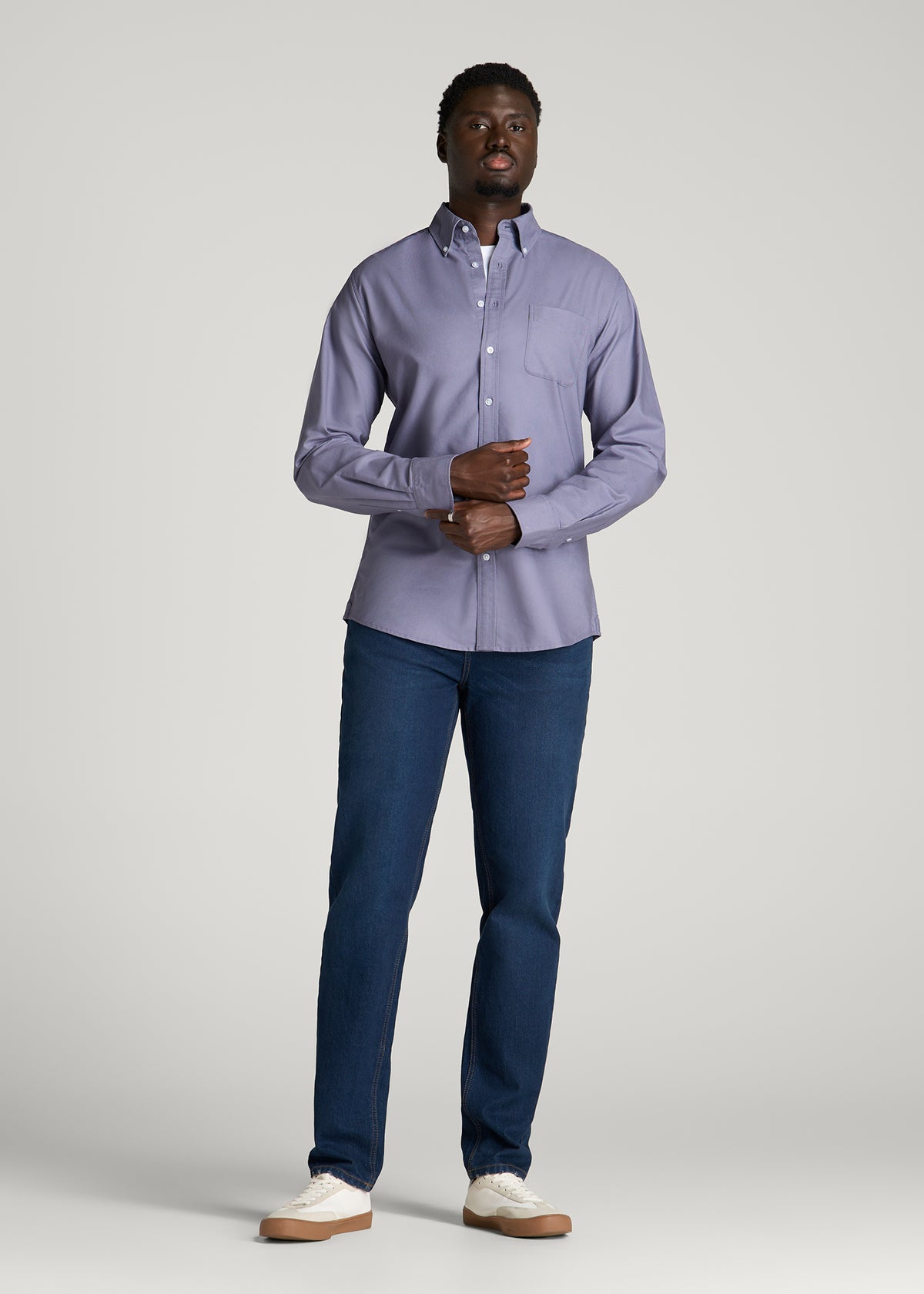 Oxford Cloth Button Down Shirt for Tall Men in Blue Granite