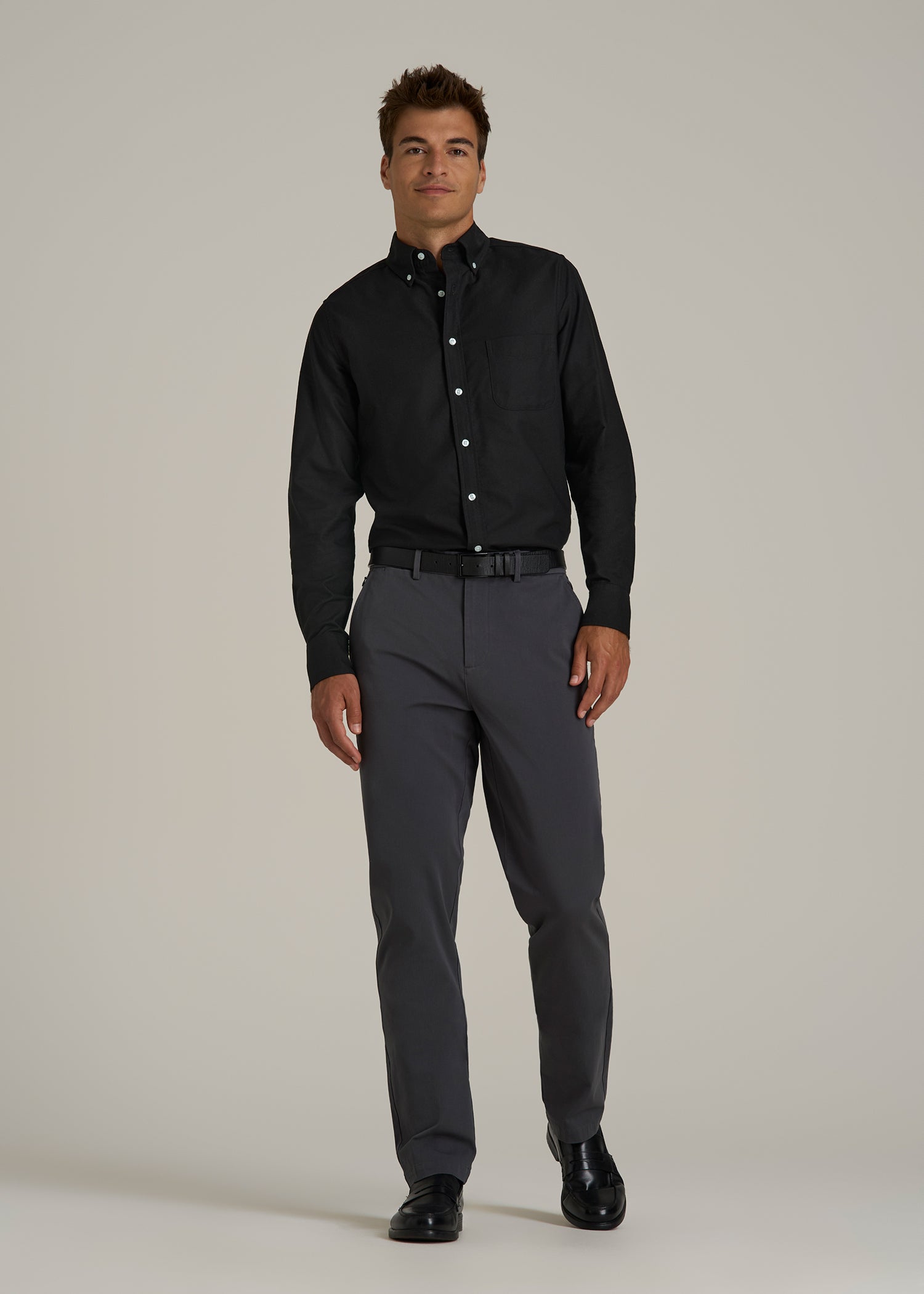 Oxford Cloth Button Down Shirt for Tall Men in Deep Black