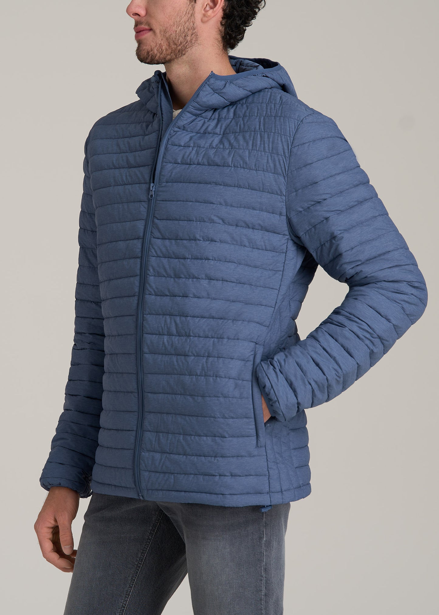 Tall Men's Packable Puffer Jacket in Steel Blue