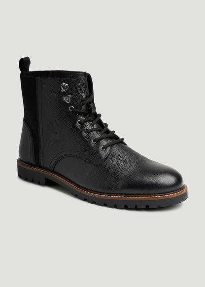 Pebbled Leather Lace-Up Boots for Tall Men in Black
