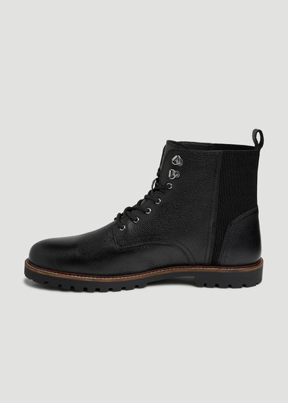 Pebbled Leather Lace-Up Boots for Tall Men in Black