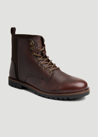 Pebbled Leather Lace-Up Boots for Tall Men in Dark Brown