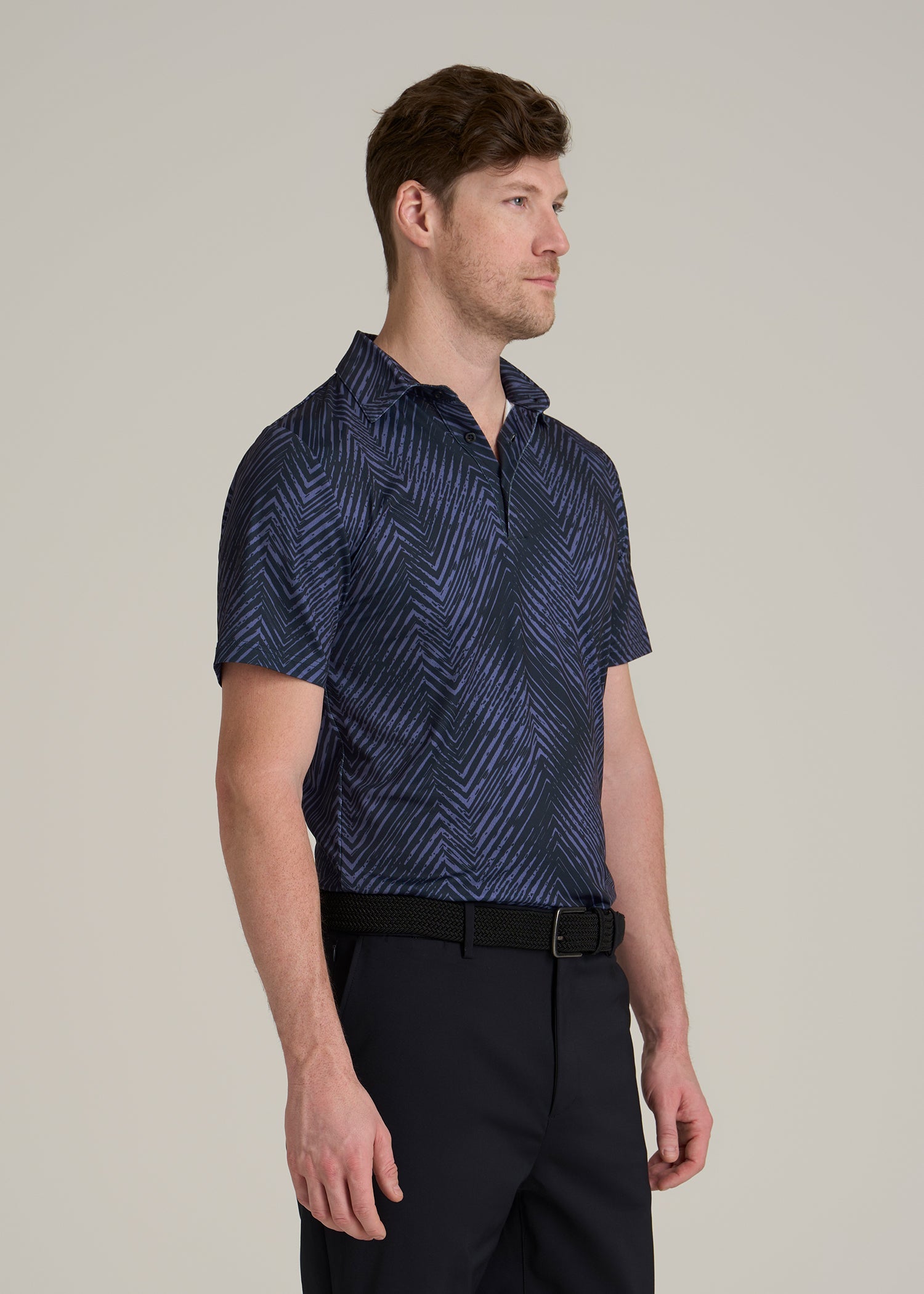 Golf Performance Polo Shirt for Tall Men in Future Dusk Chevron