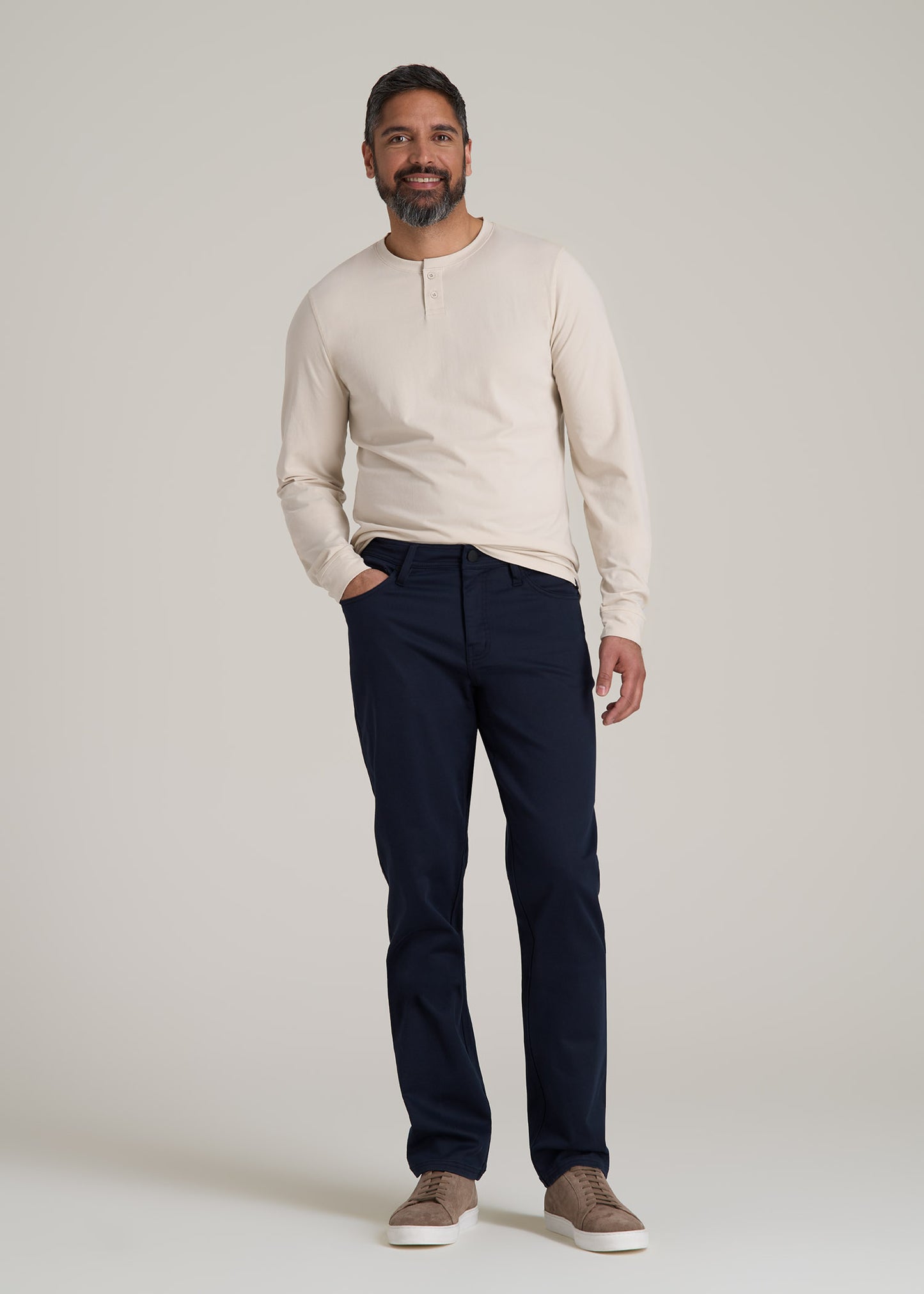 Pima Stretch Knit Henley Shirt for Tall Men in Light Stone