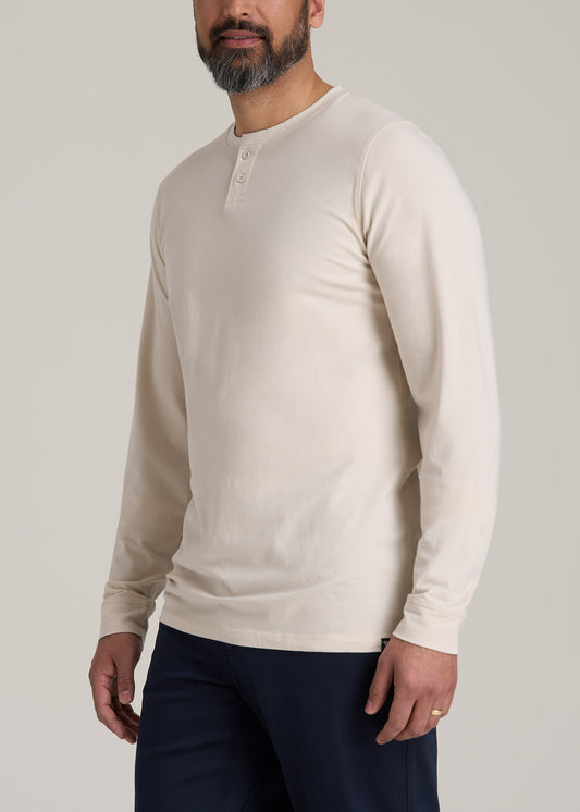 Pima Stretch Knit Henley Shirt for Tall Men in Light Stone