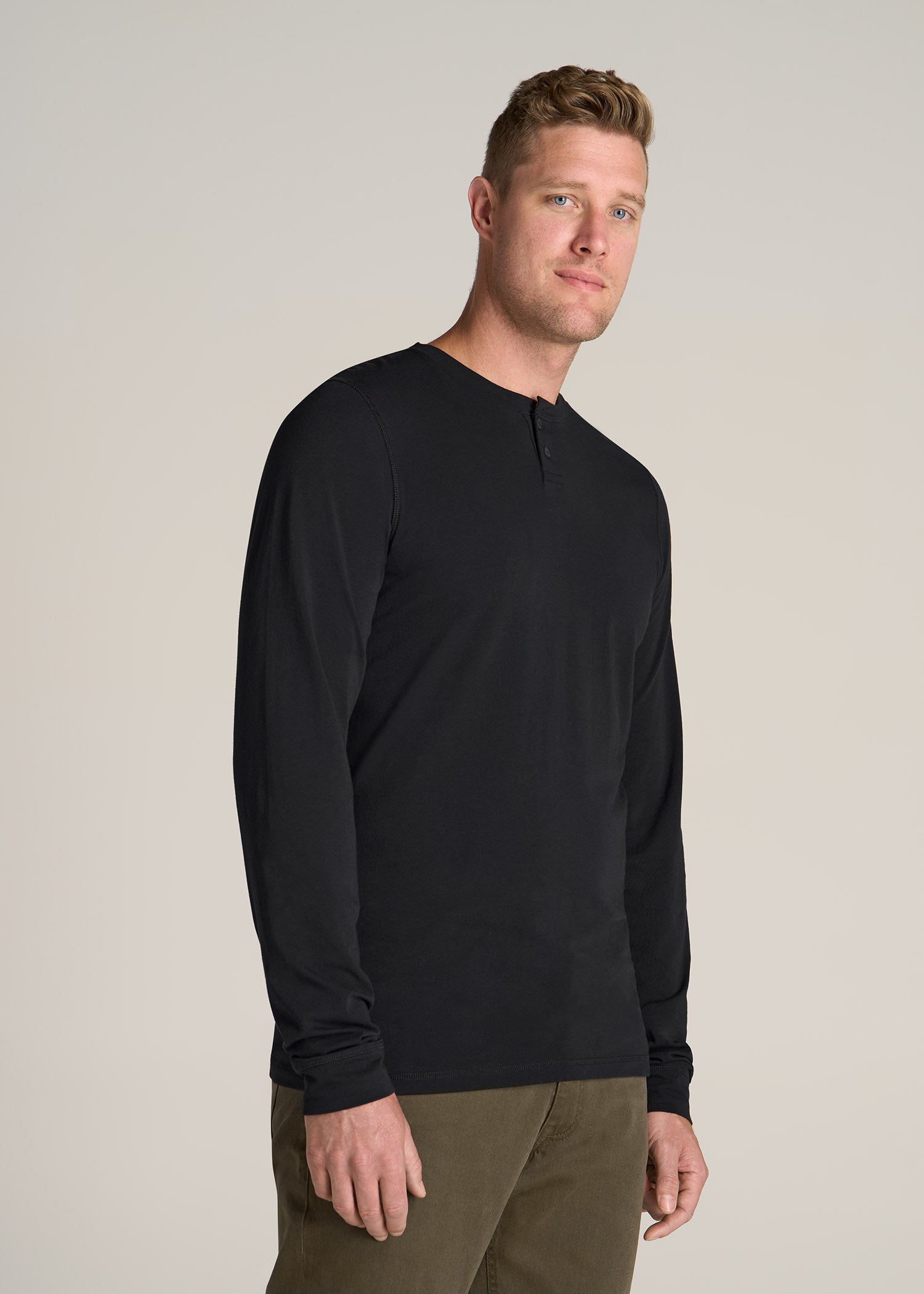 Pima Stretch Knit Henley Shirt for Tall Men in Black