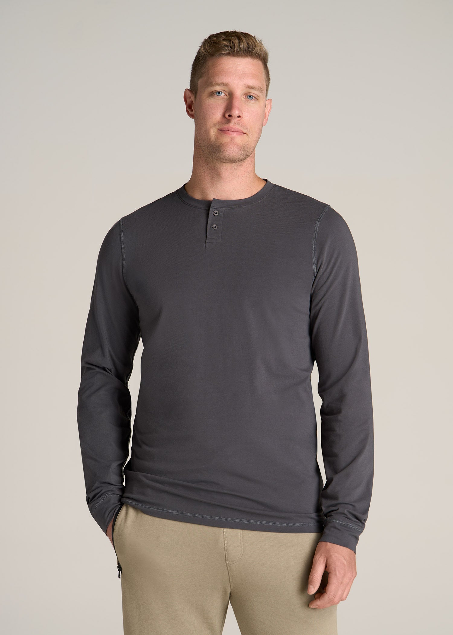 Pima Stretch Knit Henley Shirt for Tall Men in Iron Grey