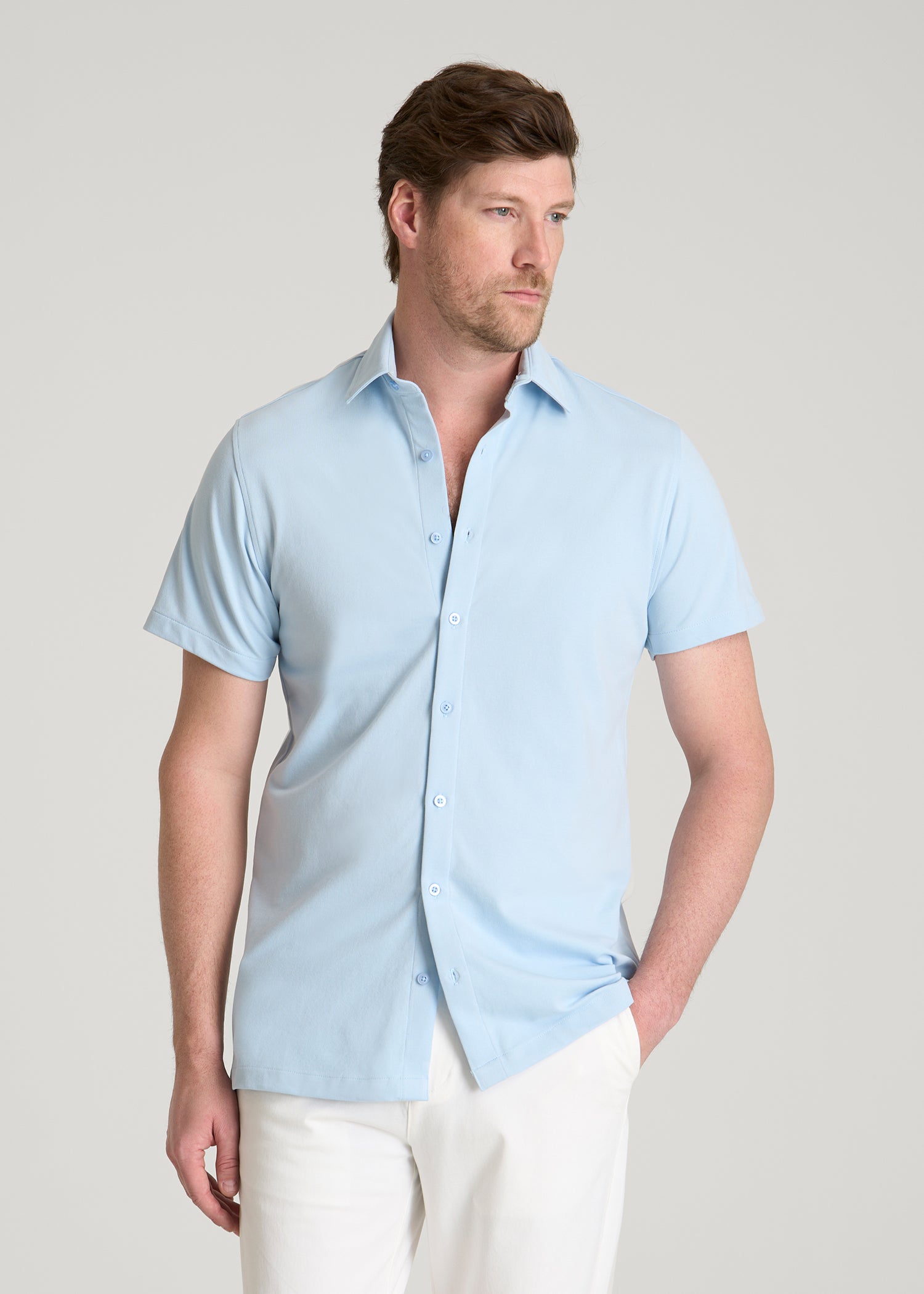 Pique Knit Stretch Short Sleeve Shirt for Tall Men in Ice Blue