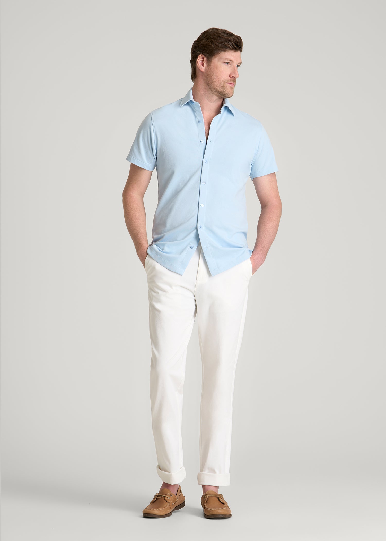 Pique Knit Stretch Short Sleeve Shirt for Tall Men in Ice Blue