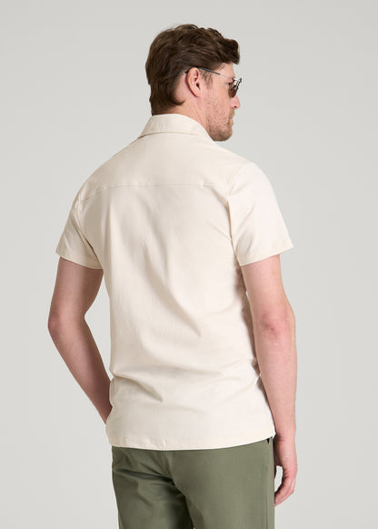 Pique Knit Stretch Short Sleeve Shirt for Tall Men in White Sand