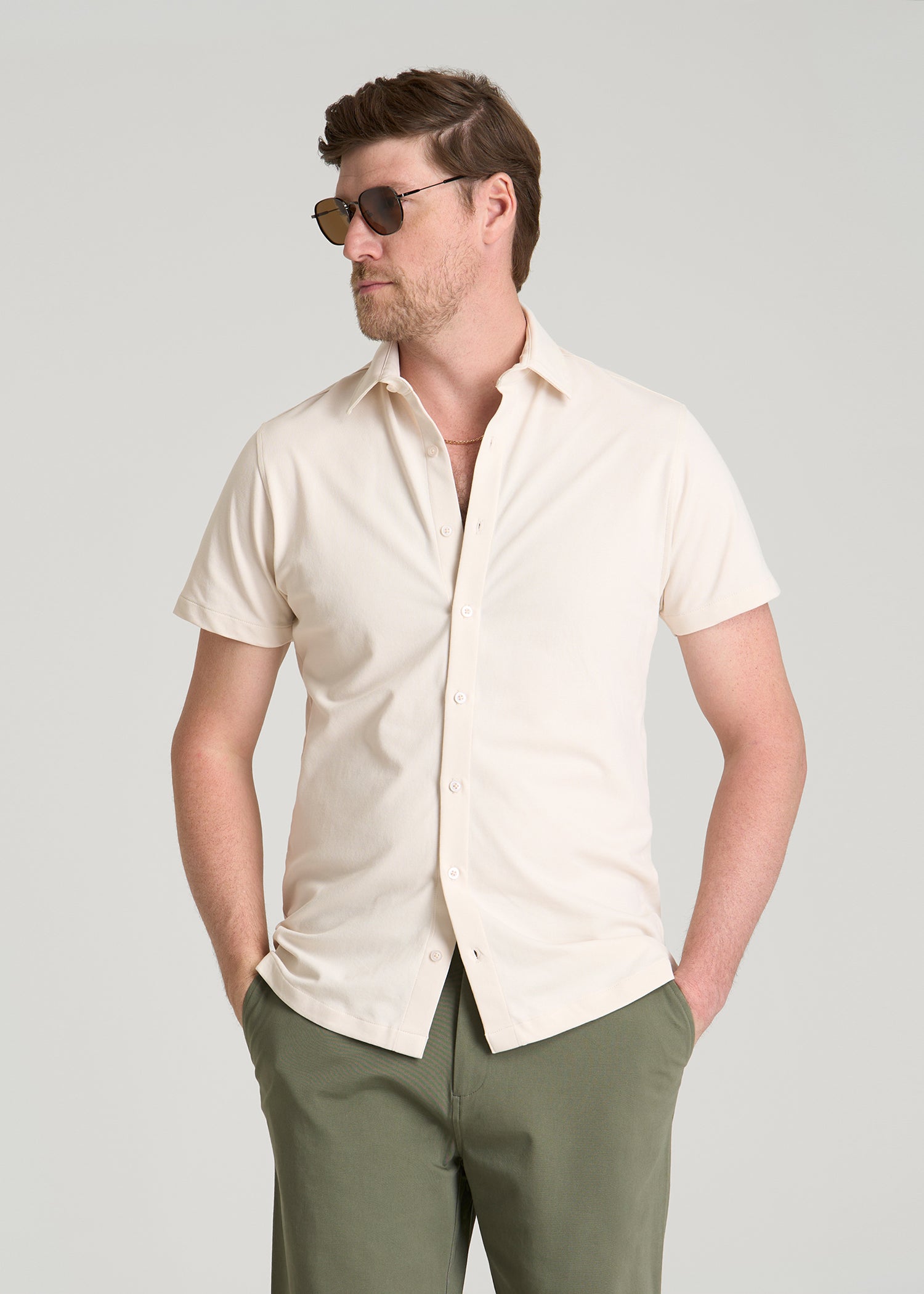 Pique Knit Stretch Short Sleeve Shirt for Tall Men in White Sand