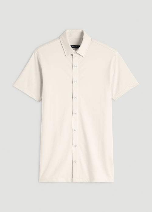 Pique Knit Stretch Short Sleeve Shirt for Tall Men in White Sand