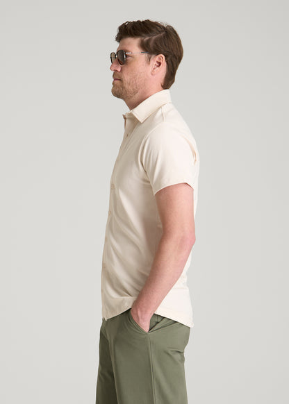 Pique Knit Stretch Short Sleeve Shirt for Tall Men in White Sand