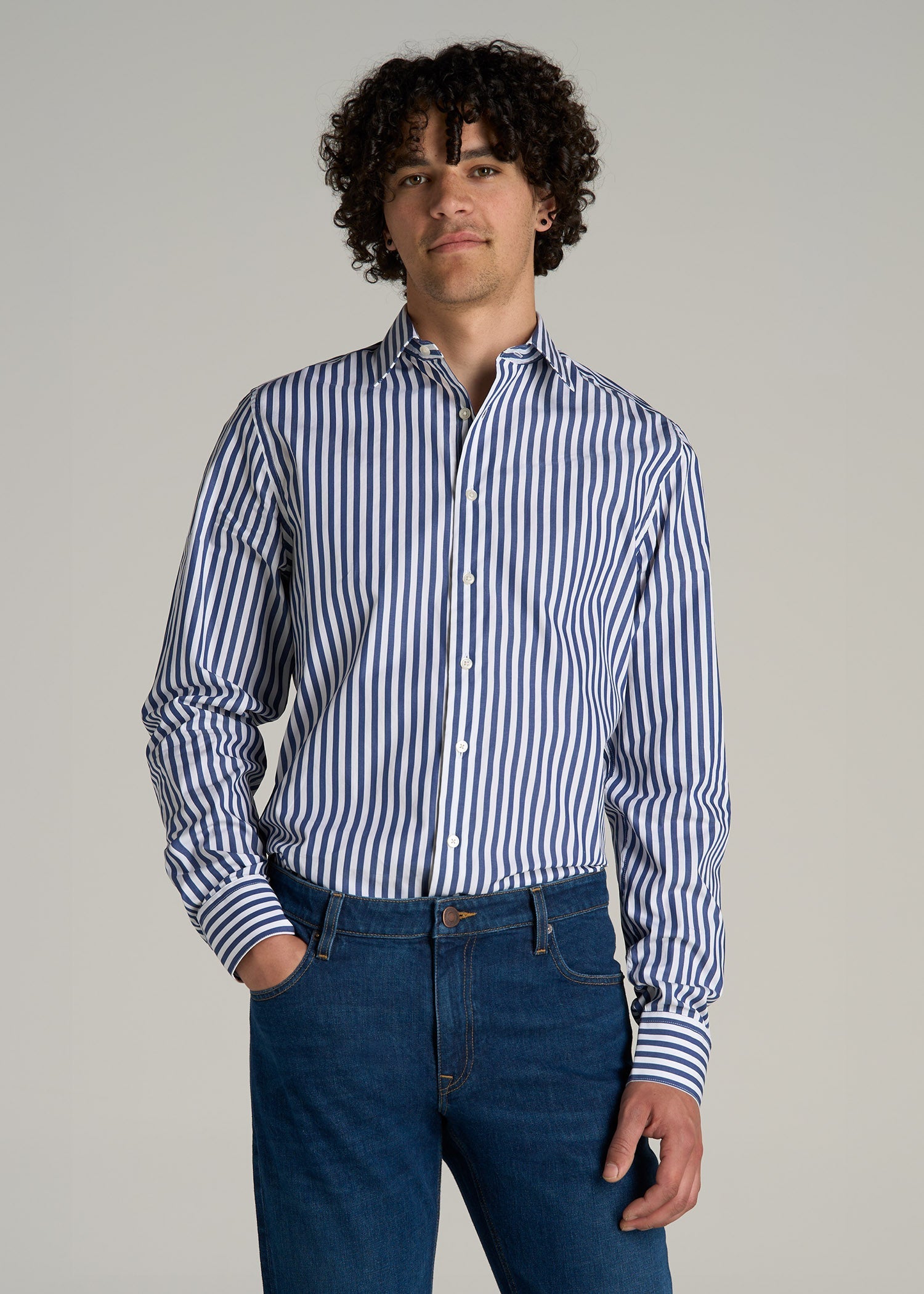 Premium Dress Shirt for Tall Men in Bold Blue Stripe
