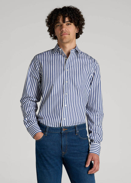 white striped dress shirt Premium Dress Shirt for Tall Men in Bold Blue Stripe M / Extra Tall / Bold Blue Stripe