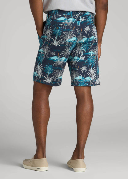 Printed Stretch Cotton Shorts for Tall Men in Blue and White Palms