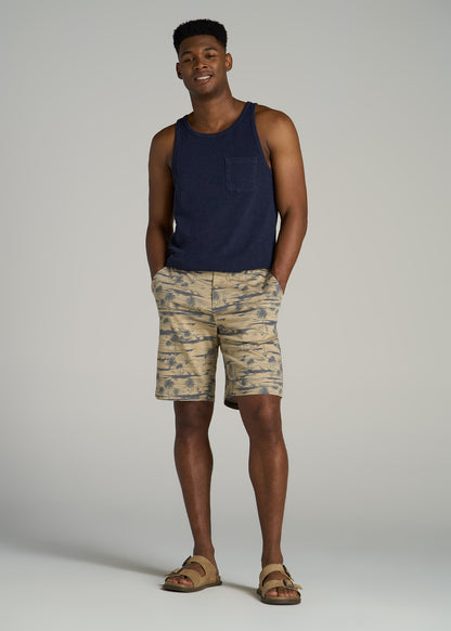 Printed Stretch Cotton Shorts for Tall Men in Grey Oceanic Print