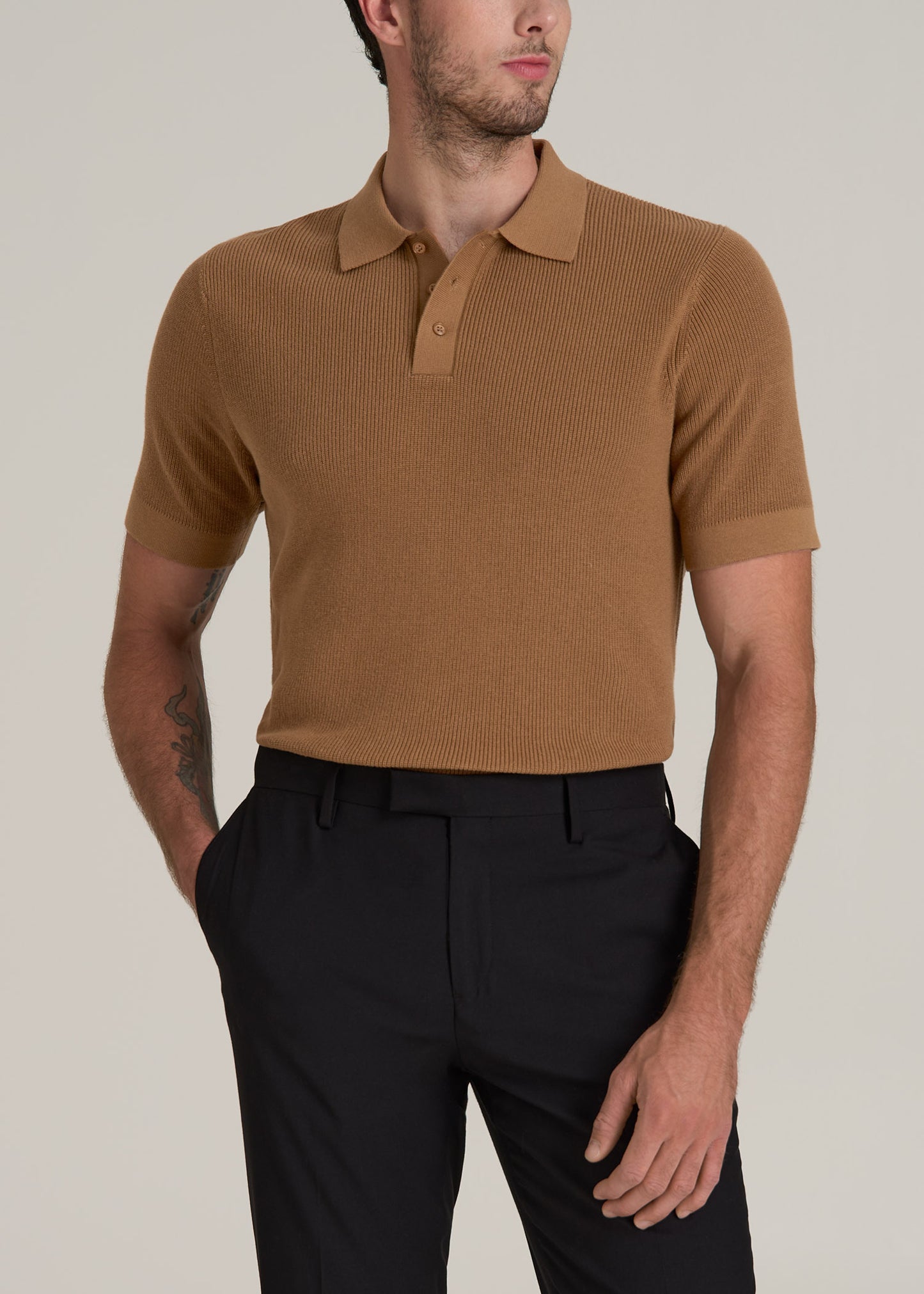 Purl Knit Tall Men's Polo Sweater in Camel