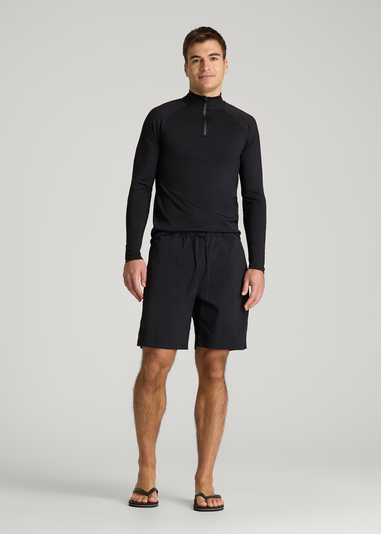 Quarter Zip Long Sleeves Rashguard for Tall Men in Deep Black