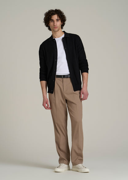 Relaxed Pleated Trousers for Tall Men in Dark Sand