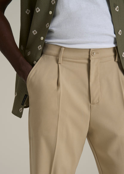 Relaxed Pleated Trousers for Tall Men in Light Khaki