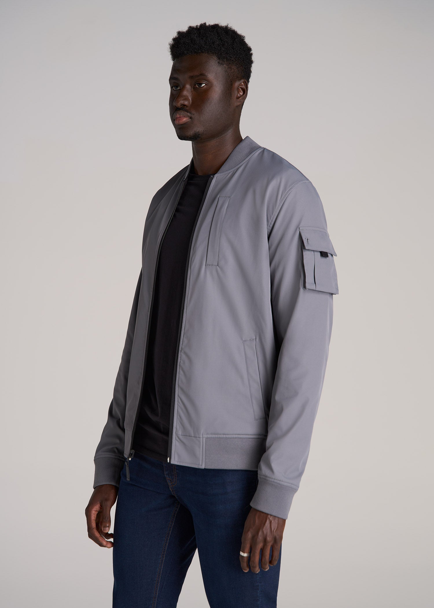 Reversible Bomber Jacket for Tall Men in Fossil Grey and Black