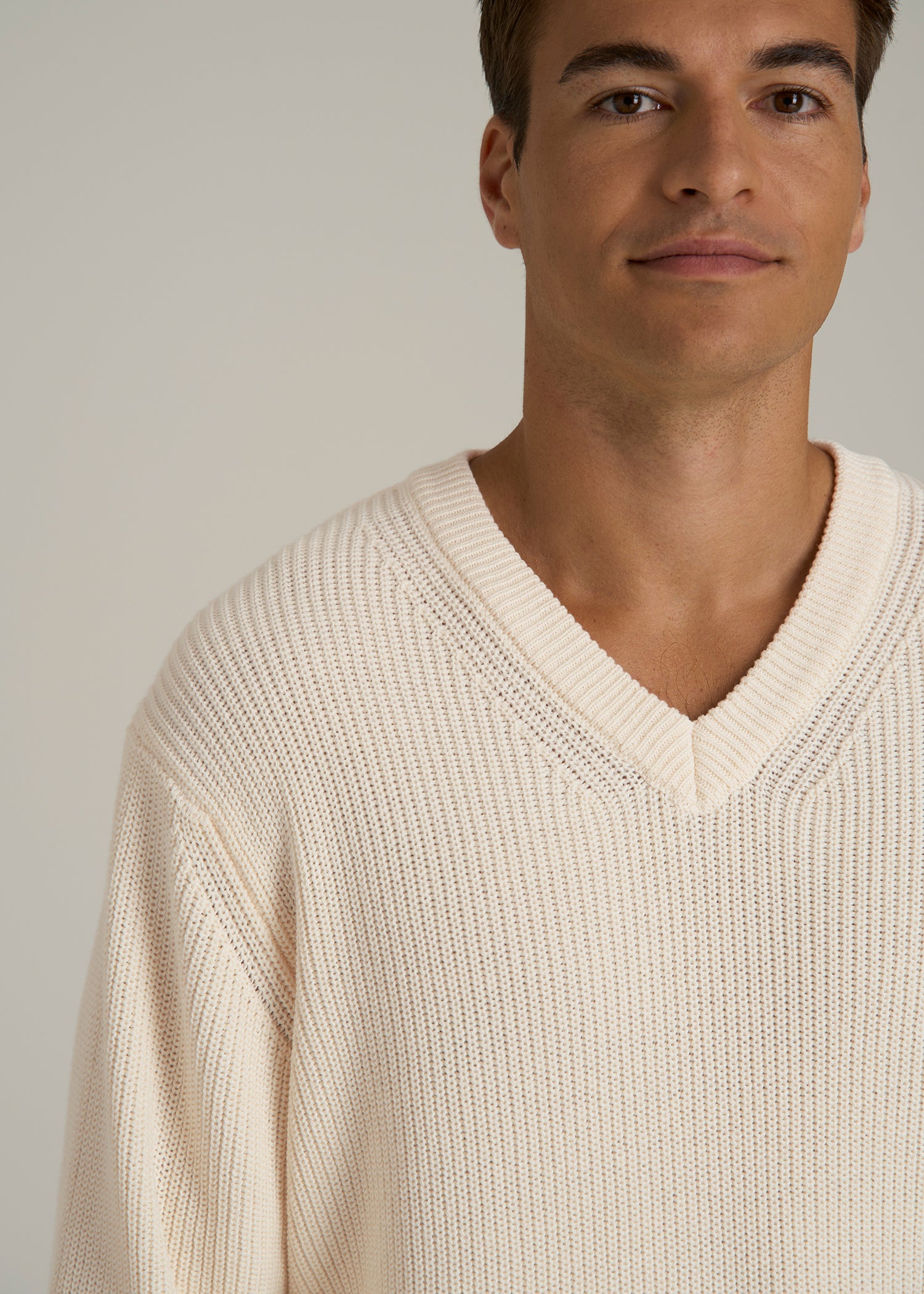 Ribbed Knit V-Neck Sweater for Tall Men in Natural
