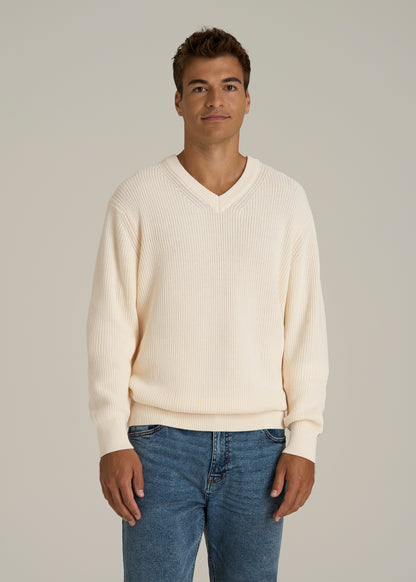 Ribbed Knit V-Neck Sweater for Tall Men in Natural