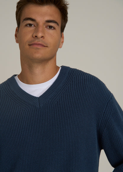 Ribbed Knit V-Neck Sweater for Tall Men in Navy Blue