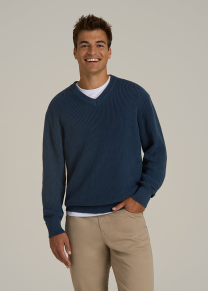 Ribbed Knit V-Neck Sweater for Tall Men in Navy Blue