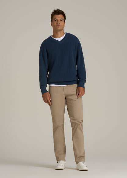 Ribbed Knit V-Neck Sweater for Tall Men in Navy Blue