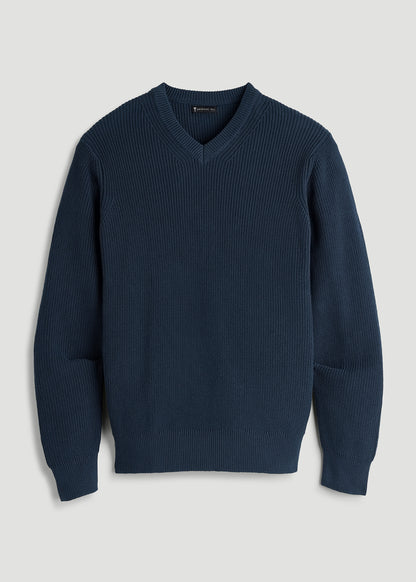 Ribbed Knit V-Neck Sweater for Tall Men in Navy Blue